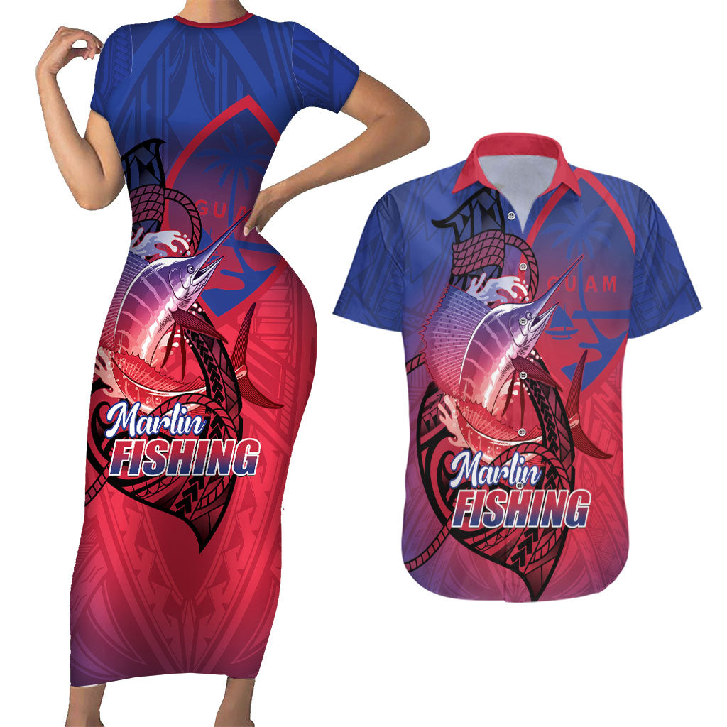 Guam Blue Marlin Fishing Couples Matching Short Sleeve Bodycon Dress and Hawaiian Shirt Guahan Fish Hook Tattoo LT14 Blue - Polynesian Pride