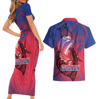 Guam Blue Marlin Fishing Couples Matching Short Sleeve Bodycon Dress and Hawaiian Shirt Guahan Fish Hook Tattoo LT14 - Polynesian Pride