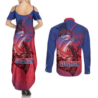 Guam Blue Marlin Fishing Couples Matching Summer Maxi Dress and Long Sleeve Button Shirt Guahan Fish Hook Tattoo