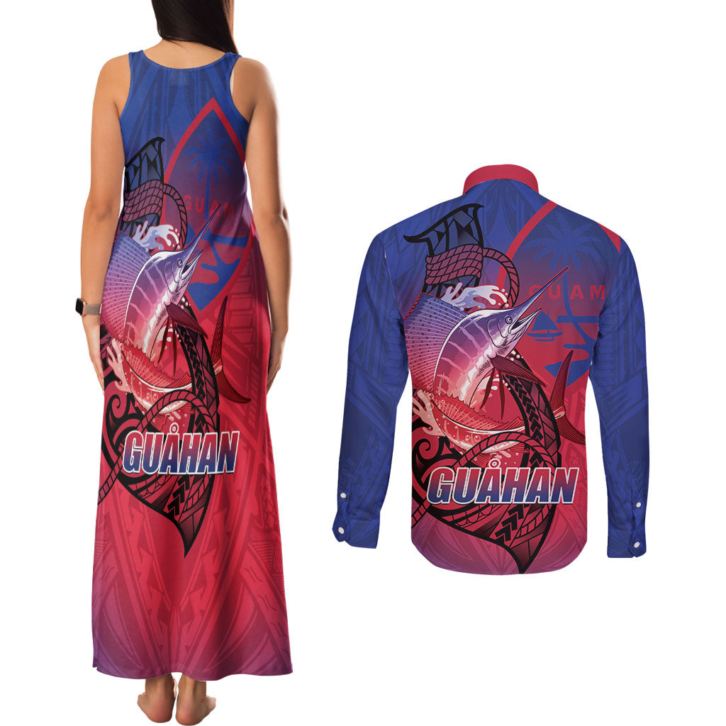 Guam Blue Marlin Fishing Couples Matching Tank Maxi Dress and Long Sleeve Button Shirt Guahan Fish Hook Tattoo