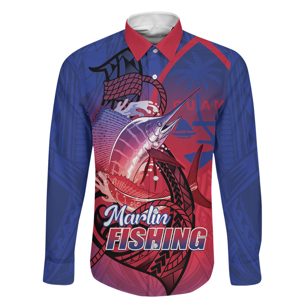 Guam Blue Marlin Fishing Family Matching Mermaid Dress and Hawaiian Shirt Guahan Fish Hook Tattoo LT14 Dad's Shirt - Long Sleeve Blue - Polynesian Pride