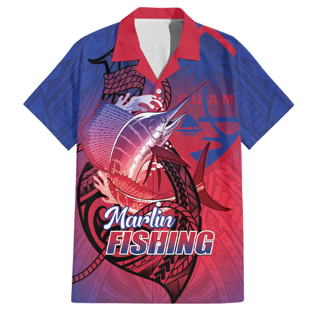 Guam Blue Marlin Fishing Family Matching Off Shoulder Maxi Dress and Hawaiian Shirt Guahan Fish Hook Tattoo LT14 Dad's Shirt - Short Sleeve Blue - Polynesian Pride