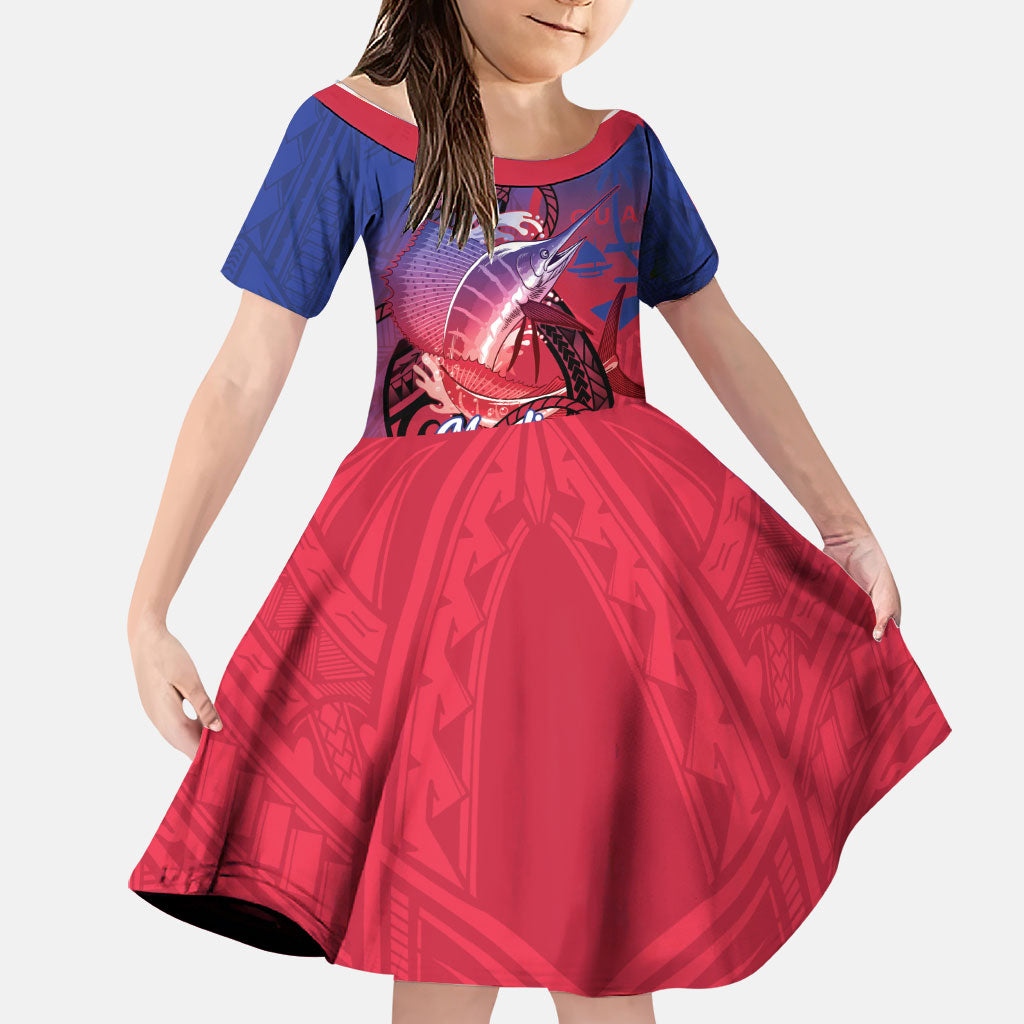 Guam Blue Marlin Fishing Family Matching Puletasi and Hawaiian Shirt Guahan Fish Hook Tattoo LT14 Daughter's Dress Blue - Polynesian Pride