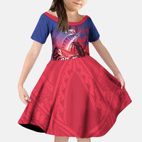 Guam Blue Marlin Fishing Family Matching Short Sleeve Bodycon Dress and Hawaiian Shirt Guahan Fish Hook Tattoo LT14 Daughter's Dress Blue - Polynesian Pride