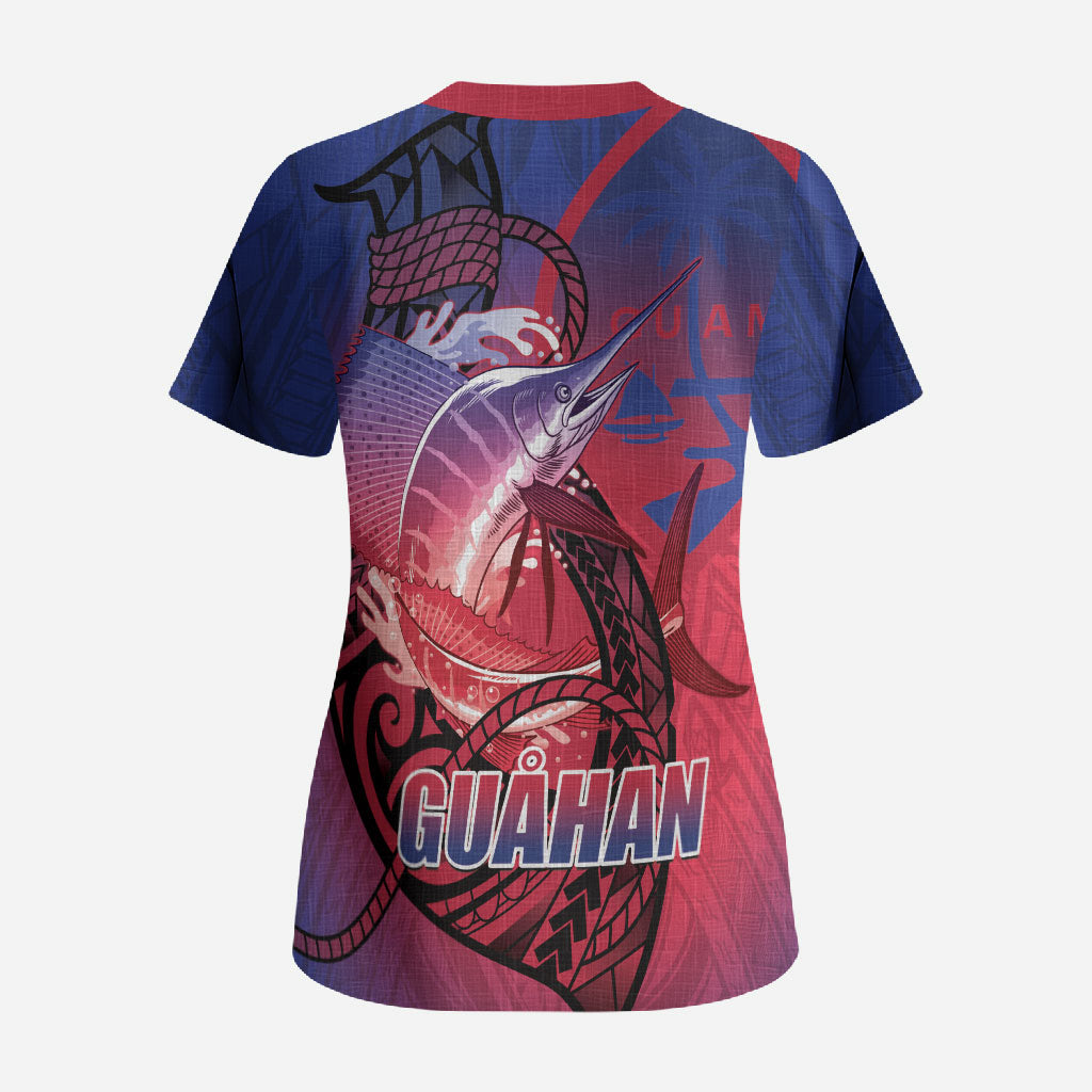 Guam Blue Marlin Fishing Scrub Top Guahan Fish Hook Tattoo