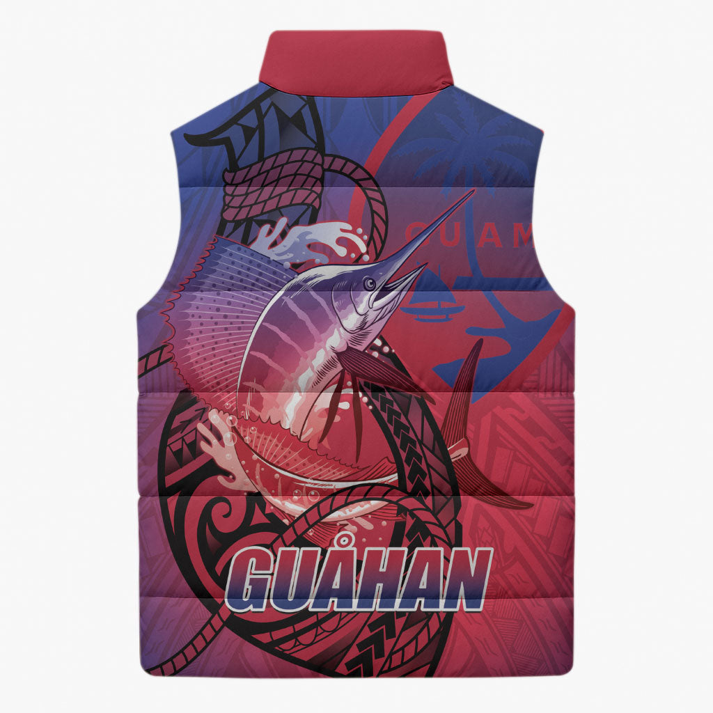 Guam Blue Marlin Fishing Sleeveless Puffer Jacket Guahan Fish Hook Tattoo