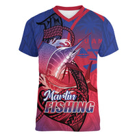 Guam Blue Marlin Fishing Women V-Neck T-Shirt Guahan Fish Hook Tattoo