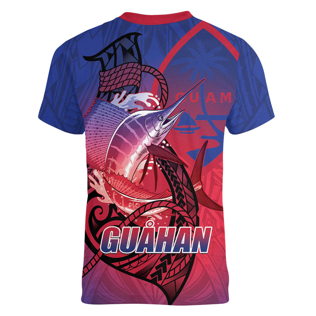 Guam Blue Marlin Fishing Women V-Neck T-Shirt Guahan Fish Hook Tattoo