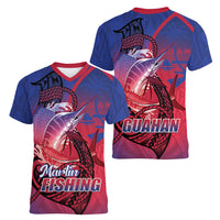 Guam Blue Marlin Fishing Women V-Neck T-Shirt Guahan Fish Hook Tattoo