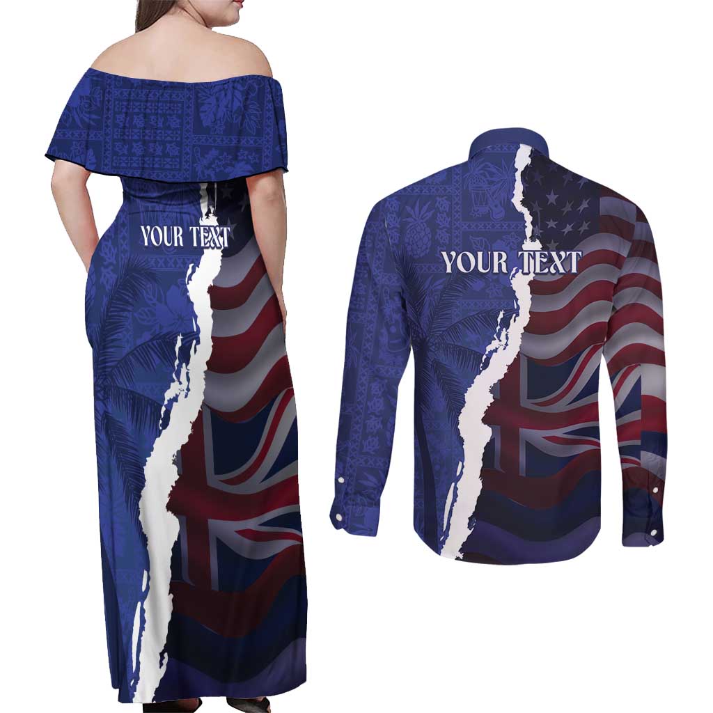 Personalized Hawaii Statehood Day Couples Matching Off Shoulder Maxi Dress and Long Sleeve Button Shirt 66th Anniversary - Polynesian Pride