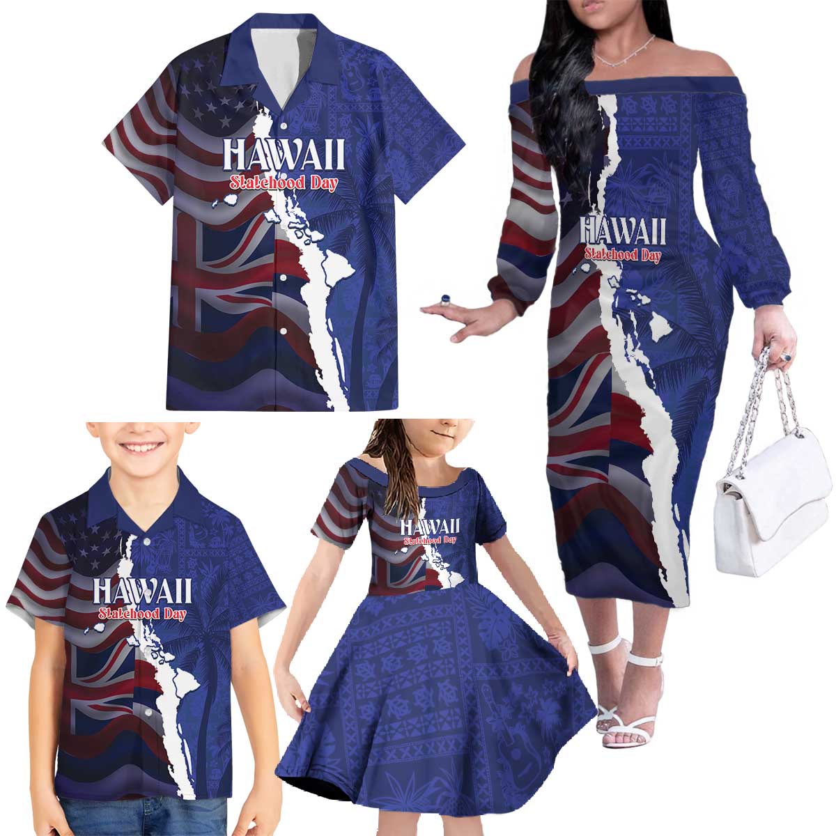 Personalized Hawaii Statehood Day Family Matching Off The Shoulder Long Sleeve Dress and Hawaiian Shirt 66th Anniversary LT14 - Polynesian Pride