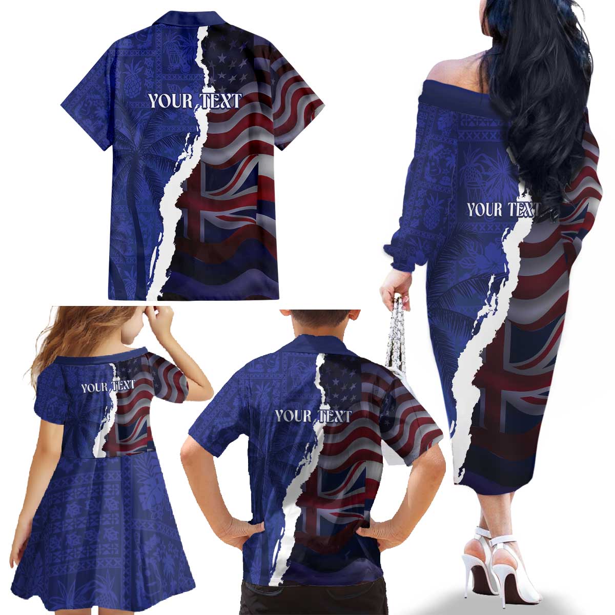 Personalized Hawaii Statehood Day Family Matching Off The Shoulder Long Sleeve Dress and Hawaiian Shirt 66th Anniversary LT14 - Polynesian Pride
