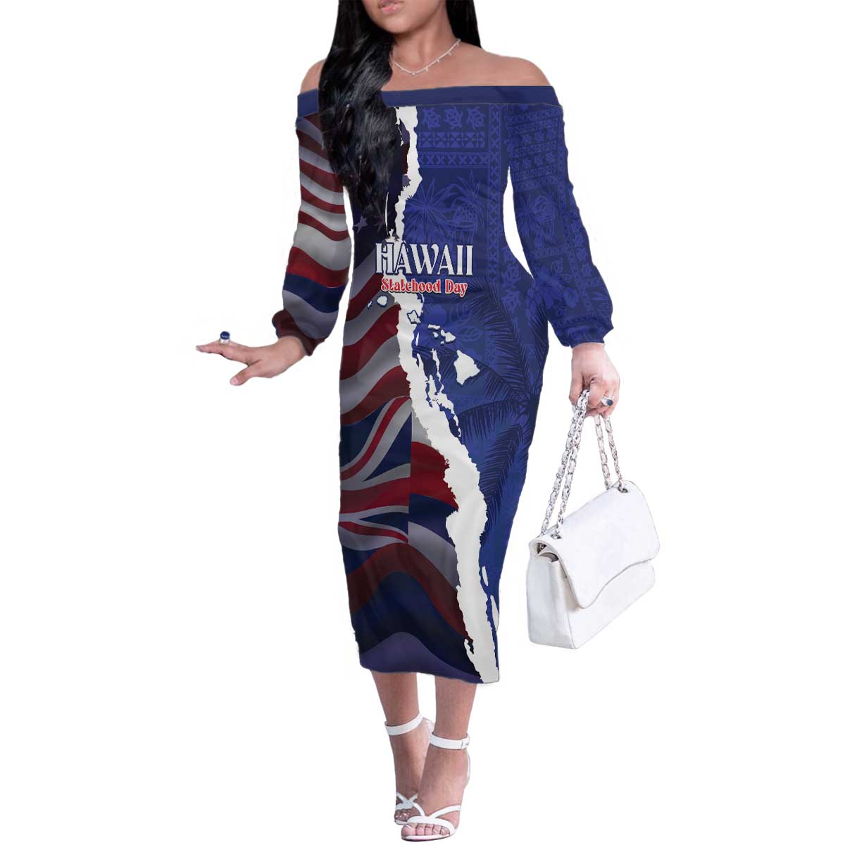 Personalized Hawaii Statehood Day Family Matching Off The Shoulder Long Sleeve Dress and Hawaiian Shirt 66th Anniversary LT14 Mom's Dress Blue - Polynesian Pride