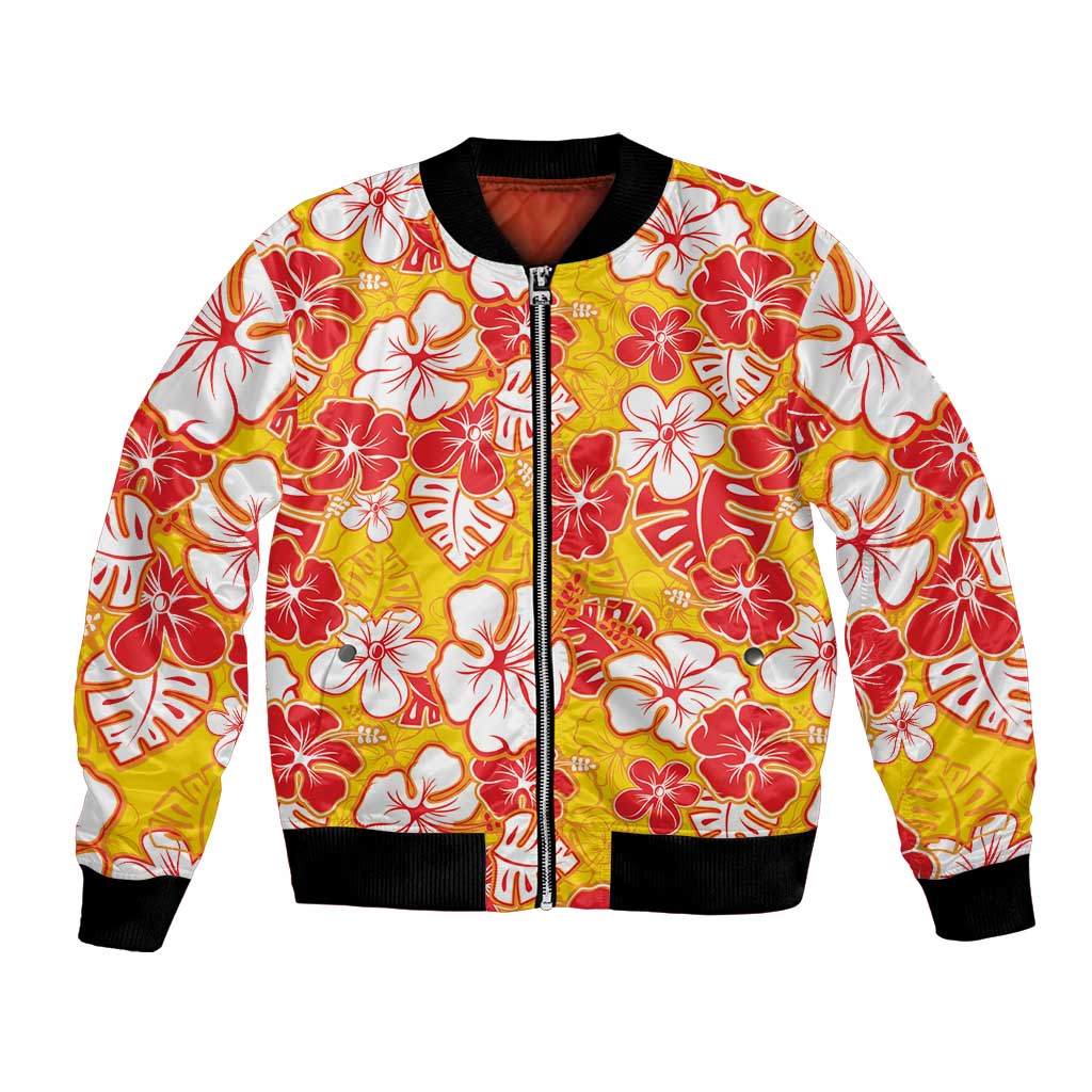 Yellow Hawaii Hibiscus Bomber Jacket Tropical Flowers Seamless Pattern - Polynesian Pride