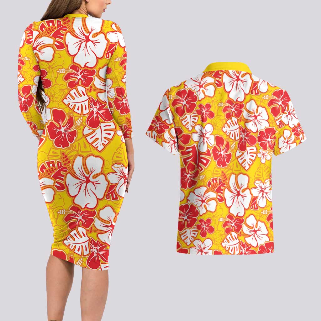 Yellow Hawaii Hibiscus Couples Matching Long Sleeve Bodycon Dress and Hawaiian Shirt Tropical Flowers Seamless Pattern - Polynesian Pride
