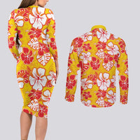 Yellow Hawaii Hibiscus Couples Matching Long Sleeve Bodycon Dress and Long Sleeve Button Shirt Tropical Flowers Seamless Pattern - Polynesian Pride