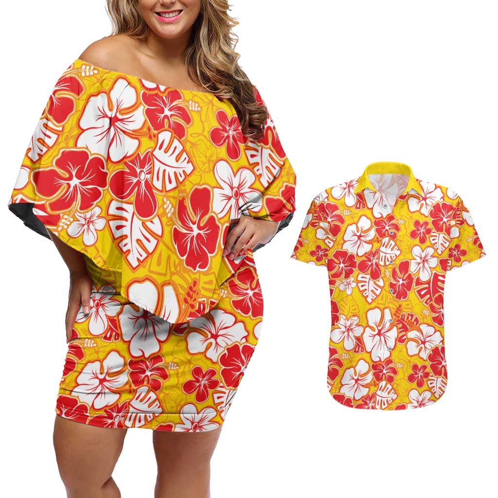 Yellow Hawaii Hibiscus Couples Matching Off Shoulder Short Dress and Hawaiian Shirt Tropical Flowers Seamless Pattern - Polynesian Pride