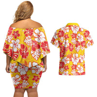 Yellow Hawaii Hibiscus Couples Matching Off Shoulder Short Dress and Hawaiian Shirt Tropical Flowers Seamless Pattern - Polynesian Pride
