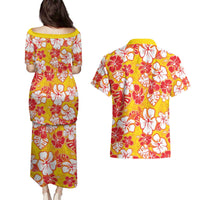 Yellow Hawaii Hibiscus Couples Matching Puletasi and Hawaiian Shirt Tropical Flowers Seamless Pattern - Polynesian Pride
