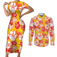 Yellow Hawaii Hibiscus Couples Matching Short Sleeve Bodycon Dress and Long Sleeve Button Shirt Tropical Flowers Seamless Pattern - Polynesian Pride