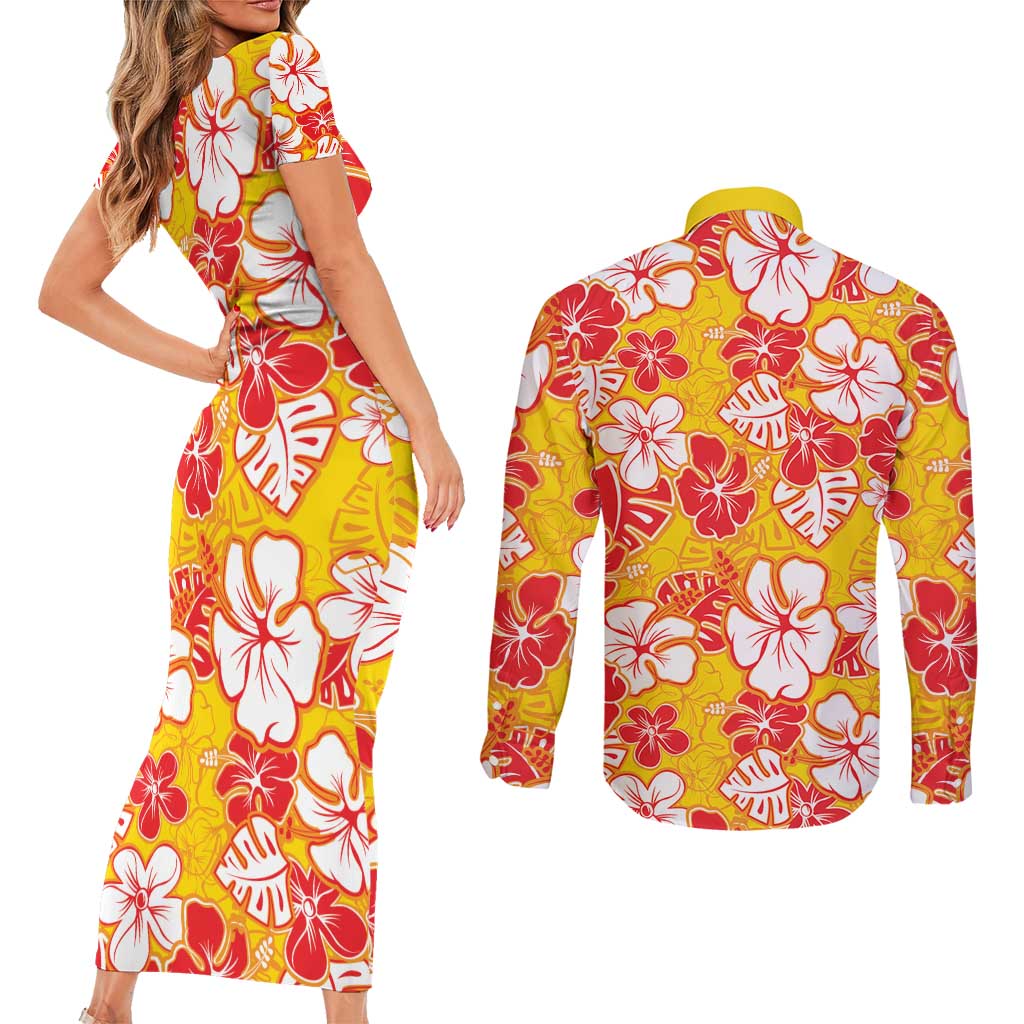 Yellow Hawaii Hibiscus Couples Matching Short Sleeve Bodycon Dress and Long Sleeve Button Shirt Tropical Flowers Seamless Pattern - Polynesian Pride