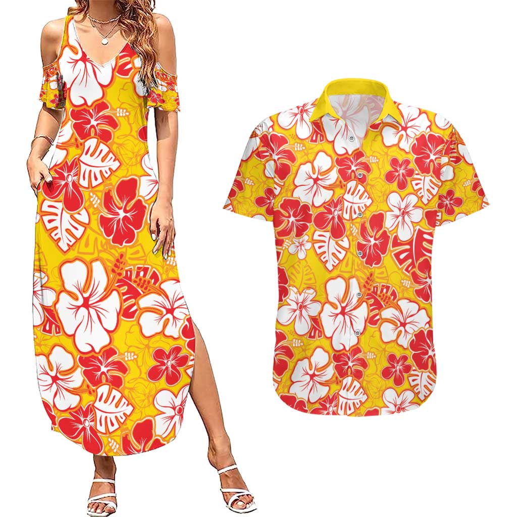 Yellow Hawaii Hibiscus Couples Matching Summer Maxi Dress and Hawaiian Shirt Tropical Flowers Seamless Pattern - Polynesian Pride