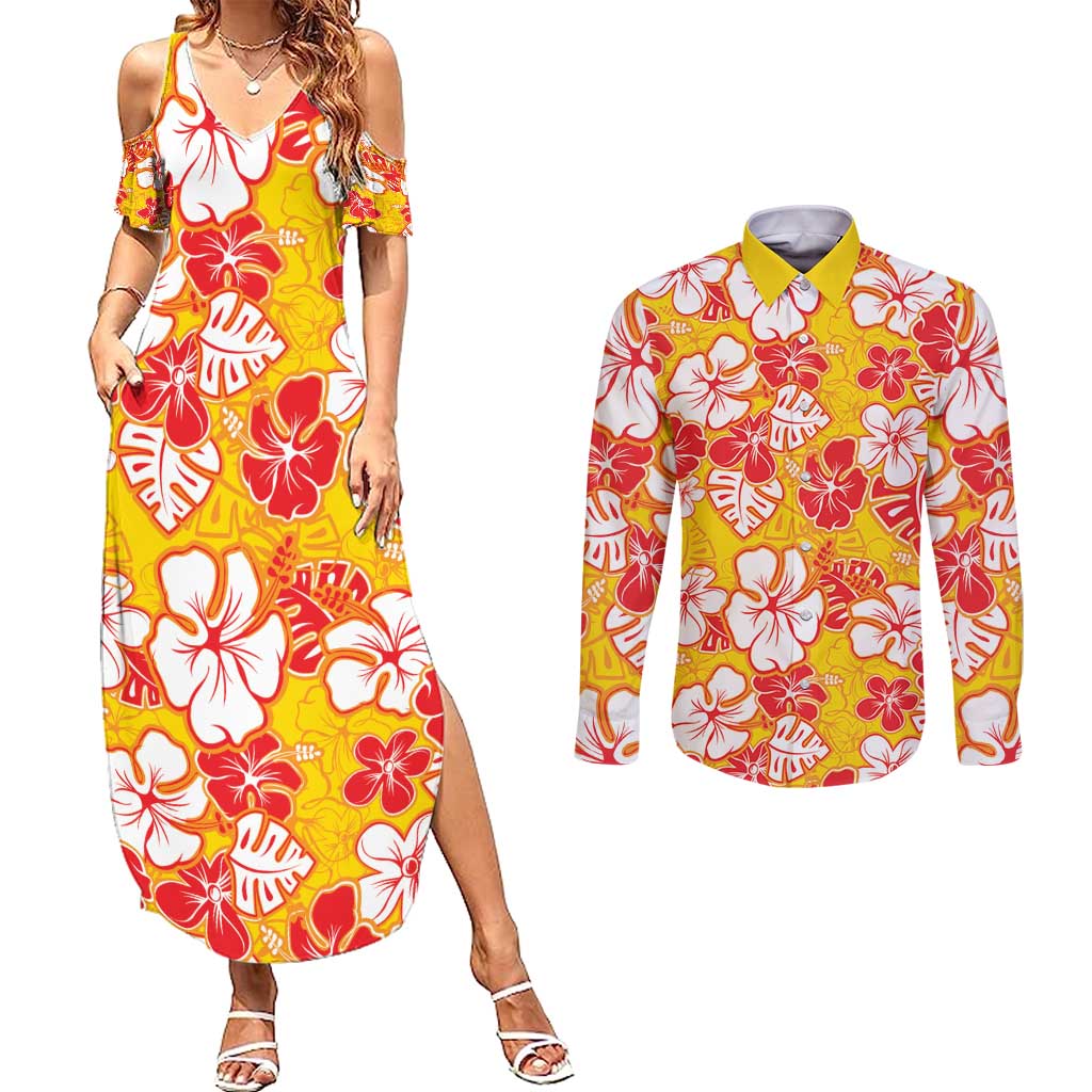Yellow Hawaii Hibiscus Couples Matching Summer Maxi Dress and Long Sleeve Button Shirt Tropical Flowers Seamless Pattern - Polynesian Pride
