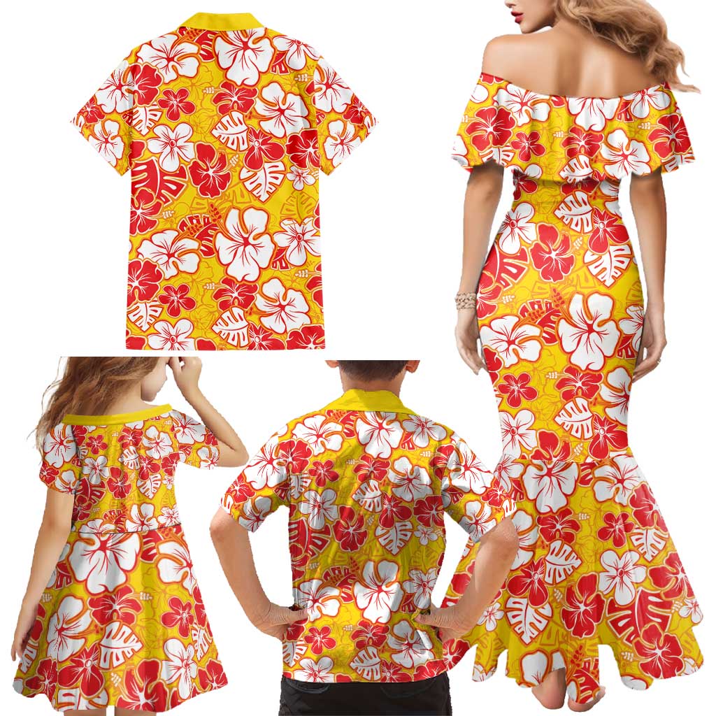 Yellow Hawaii Hibiscus Family Matching Mermaid Dress and Hawaiian Shirt Tropical Flowers Seamless Pattern LT14 - Polynesian Pride