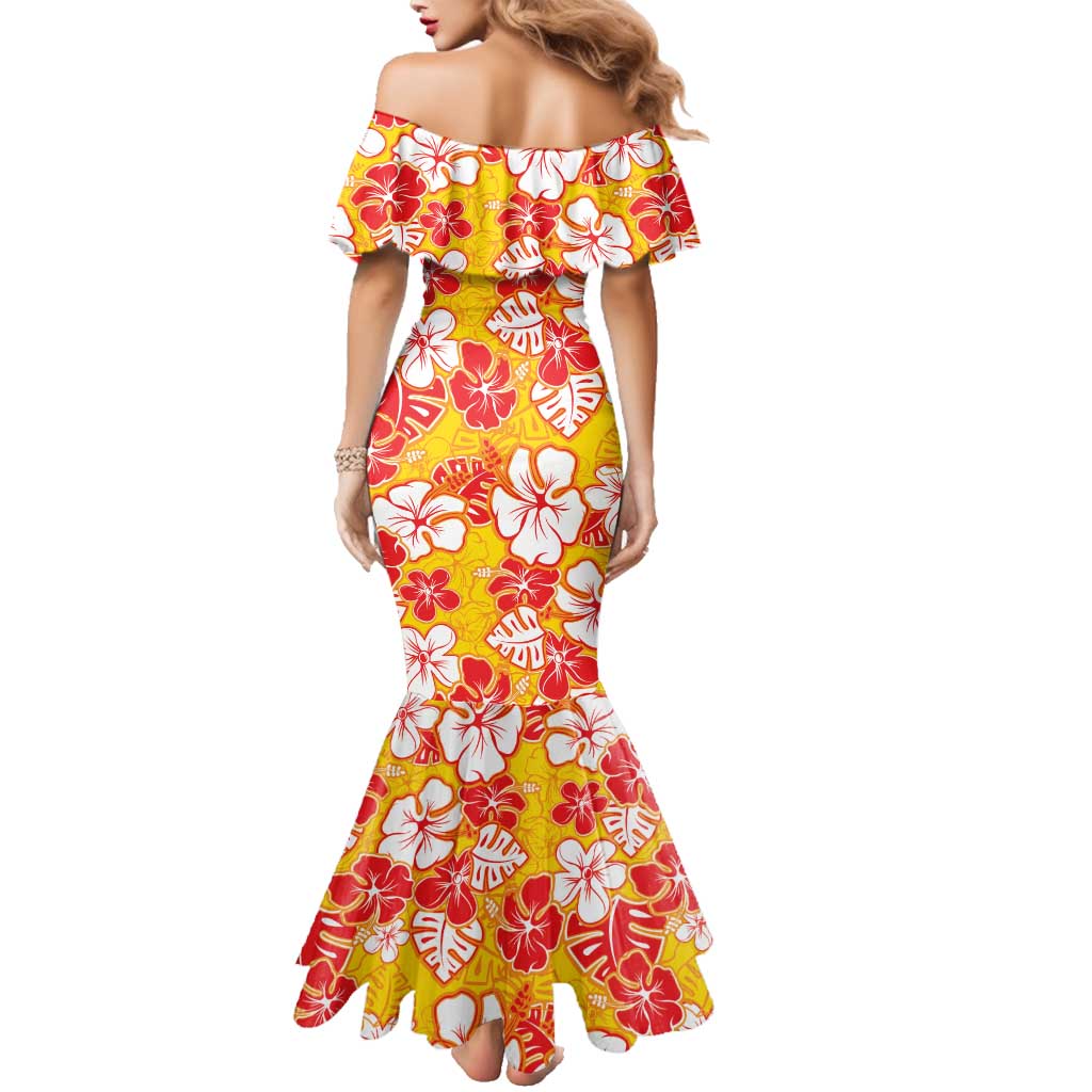 Yellow Hawaii Hibiscus Family Matching Mermaid Dress and Hawaiian Shirt Tropical Flowers Seamless Pattern LT14 - Polynesian Pride