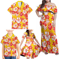 Yellow Hawaii Hibiscus Family Matching Off Shoulder Maxi Dress and Hawaiian Shirt Tropical Flowers Seamless Pattern - Polynesian Pride
