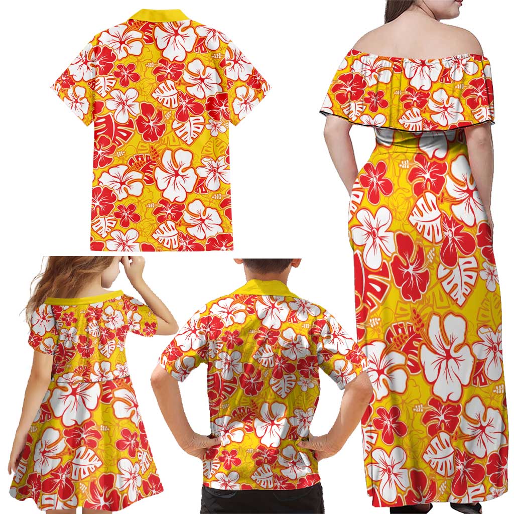 Yellow Hawaii Hibiscus Family Matching Off Shoulder Maxi Dress and Hawaiian Shirt Tropical Flowers Seamless Pattern - Polynesian Pride