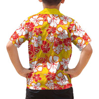 Yellow Hawaii Hibiscus Family Matching Off Shoulder Short Dress and Hawaiian Shirt Tropical Flowers Seamless Pattern - Polynesian Pride