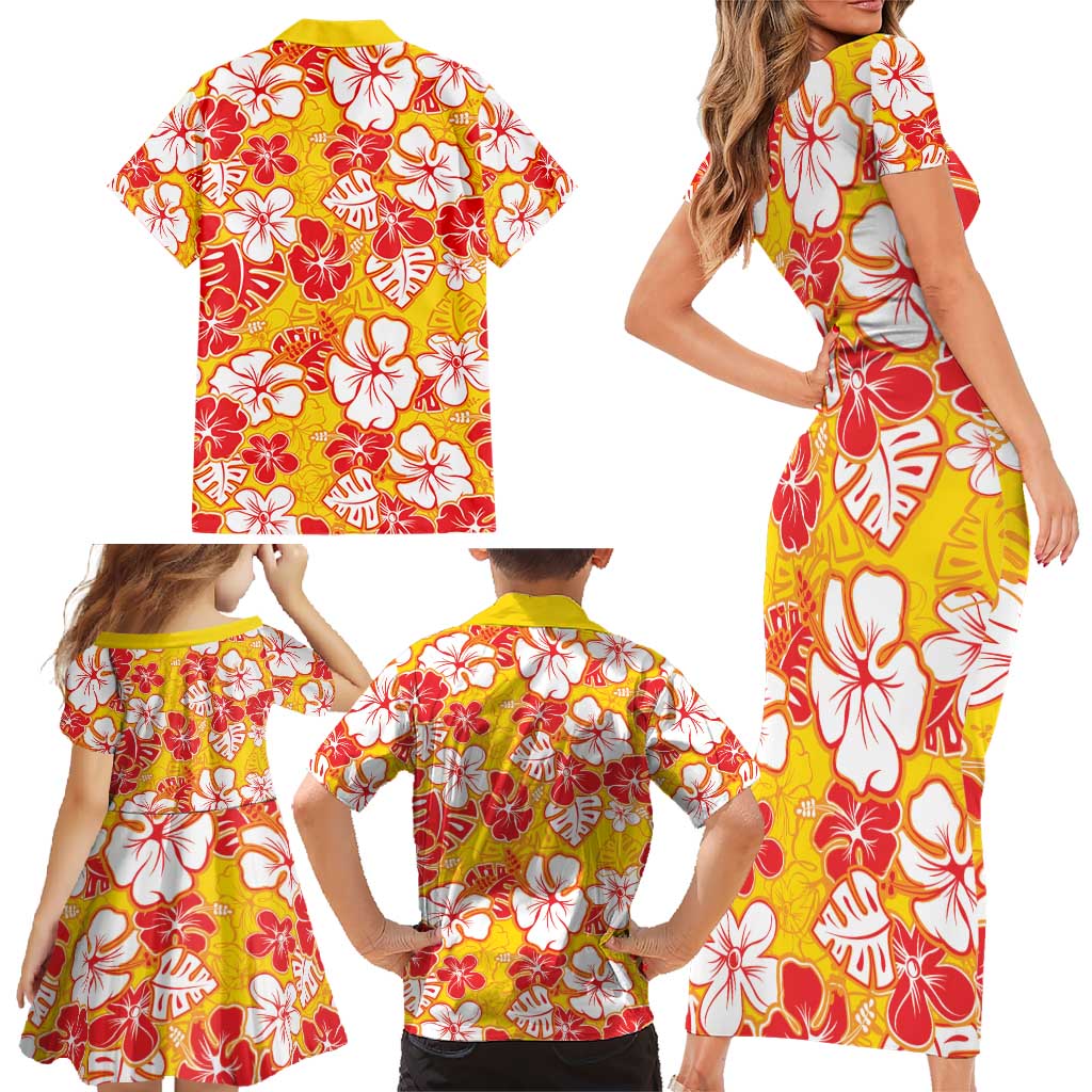 Yellow Hawaii Hibiscus Family Matching Short Sleeve Bodycon Dress and Hawaiian Shirt Tropical Flowers Seamless Pattern LT14 - Polynesian Pride