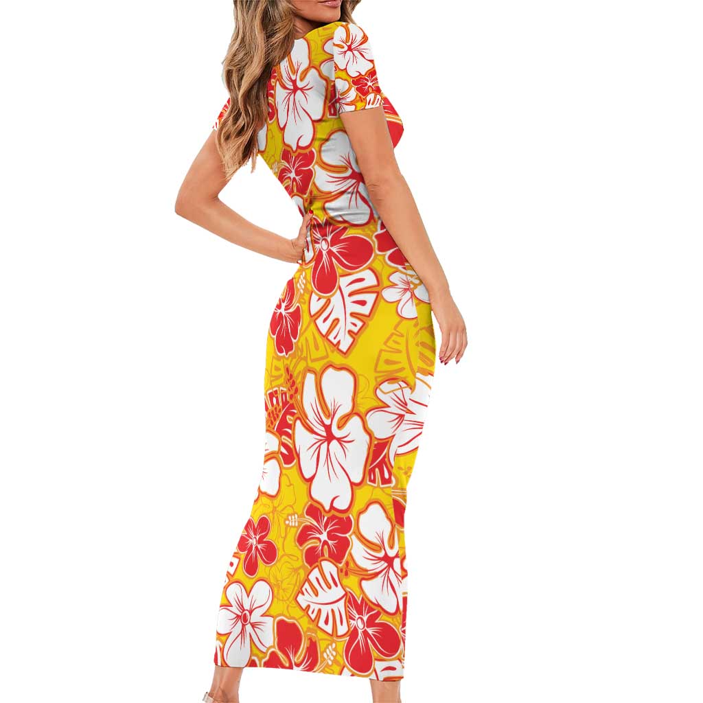Yellow Hawaii Hibiscus Family Matching Short Sleeve Bodycon Dress and Hawaiian Shirt Tropical Flowers Seamless Pattern LT14 - Polynesian Pride
