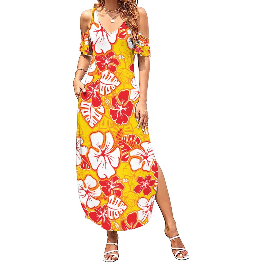 Yellow Hawaii Hibiscus Family Matching Summer Maxi Dress and Hawaiian Shirt Tropical Flowers Seamless Pattern - Polynesian Pride