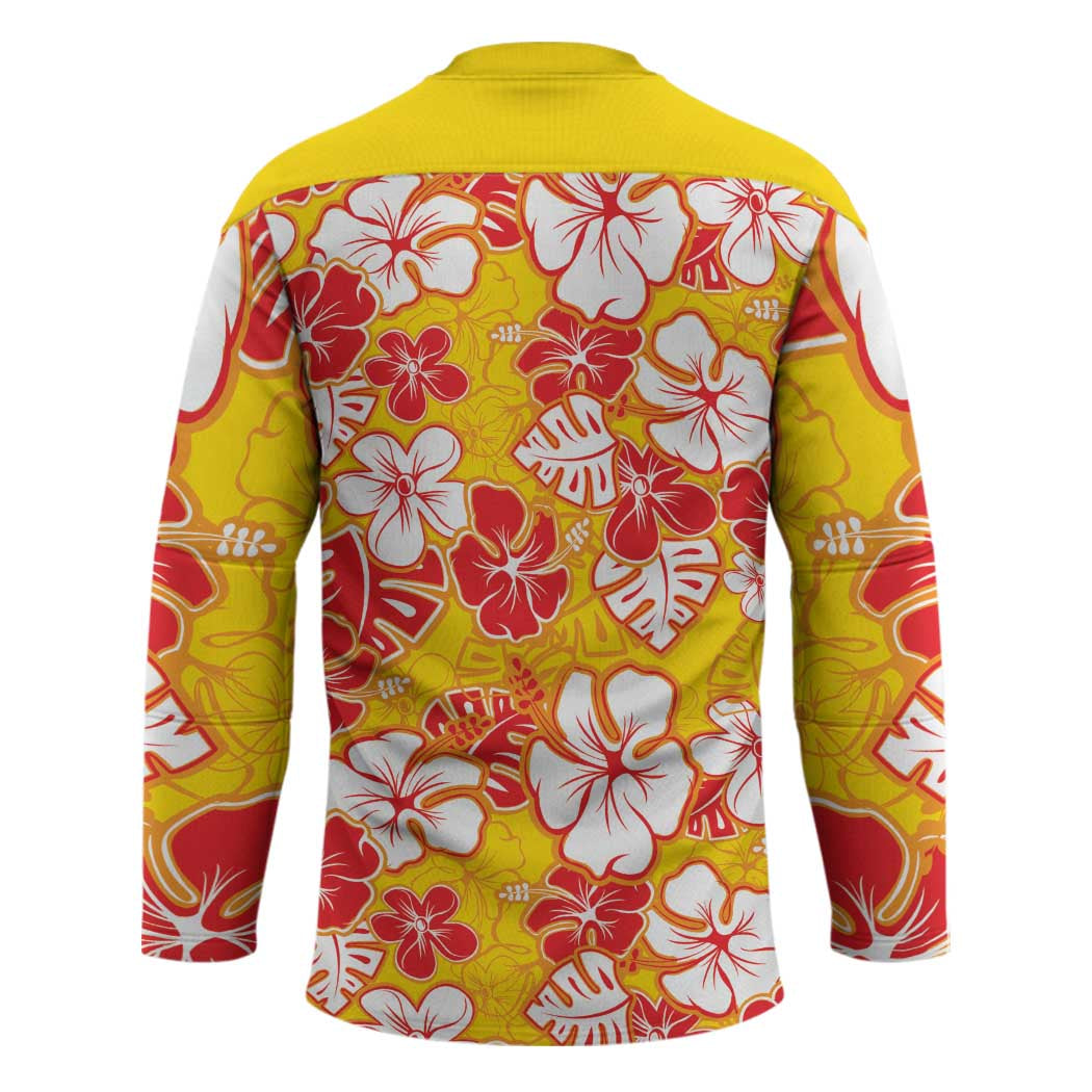 Yellow Hawaii Hibiscus Hockey Jersey Tropical Flowers Seamless Pattern - Polynesian Pride