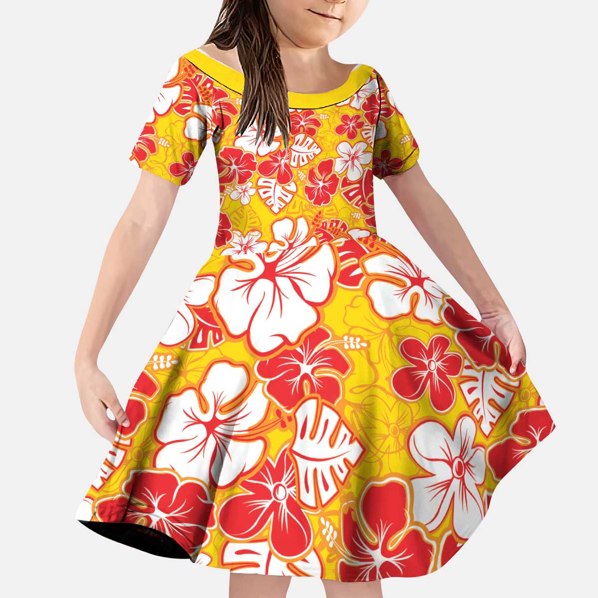Yellow Hawaii Hibiscus Kid Short Sleeve Dress Tropical Flowers Seamless Pattern - Polynesian Pride