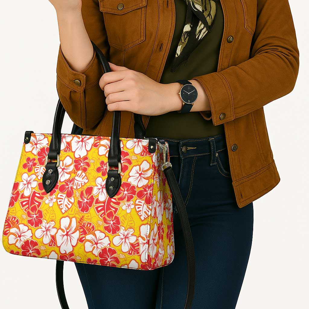 Yellow Hawaii Hibiscus Leather Bag Tropical Flowers Seamless Pattern - Polynesian Pride