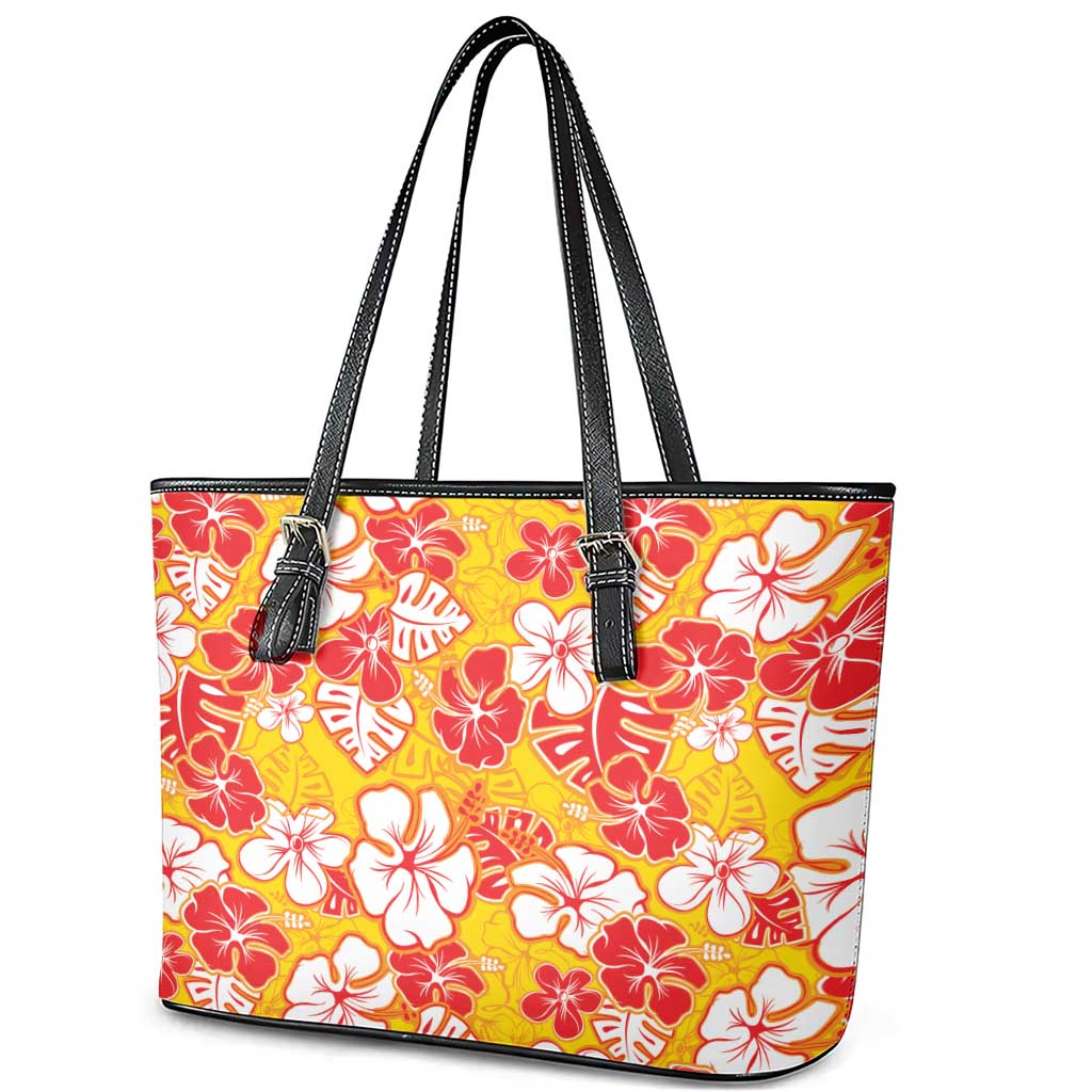 Yellow Hawaii Hibiscus Leather Tote Bag Tropical Flowers Seamless Pattern - Polynesian Pride