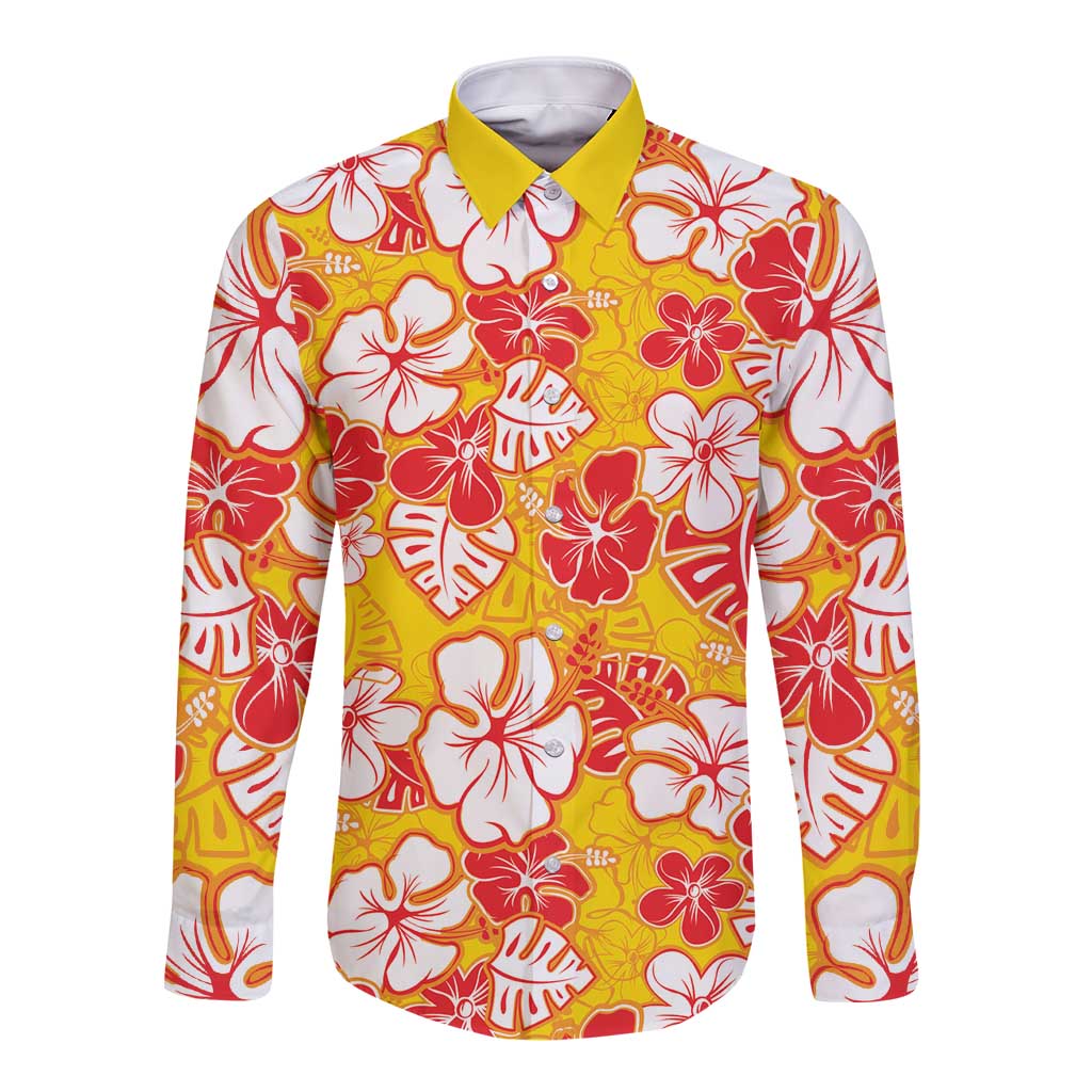 Yellow Hawaii Hibiscus Long Sleeve Button Shirt Tropical Flowers Seamless Pattern - Polynesian Pride