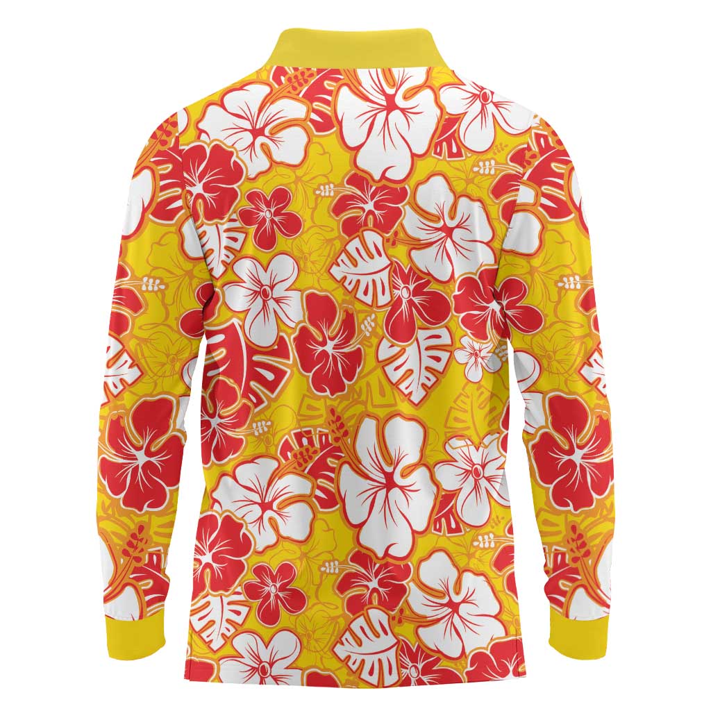 Yellow Hawaii Hibiscus Long Sleeve Polo Shirt Tropical Flowers Seamless Pattern - Polynesian Pride