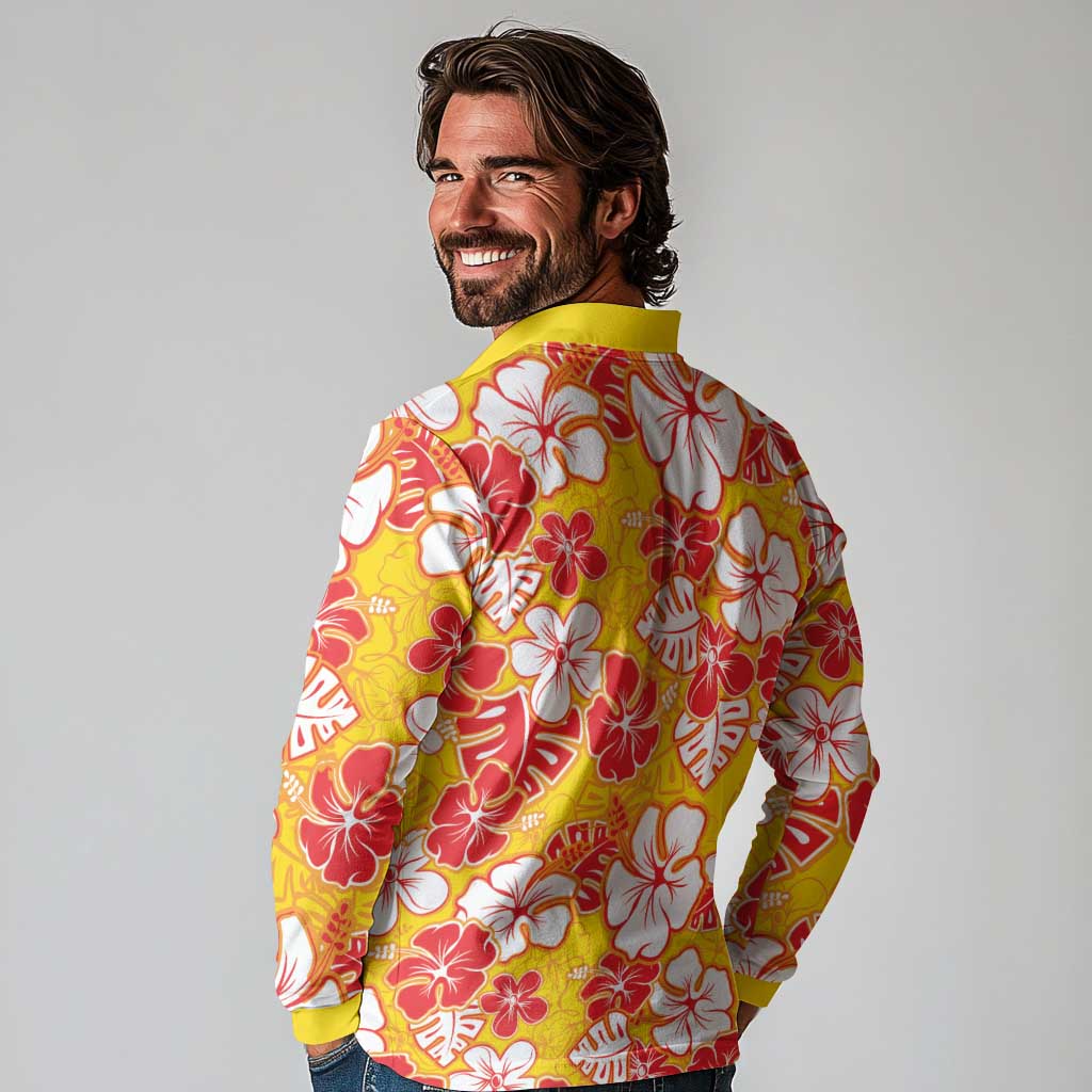 Yellow Hawaii Hibiscus Long Sleeve Polo Shirt Tropical Flowers Seamless Pattern - Polynesian Pride