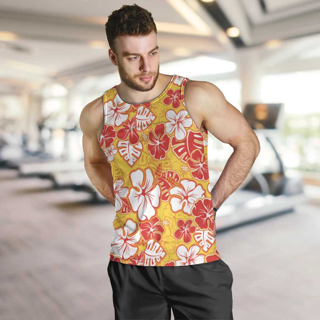 Yellow Hawaii Hibiscus Men Tank Top Tropical Flowers Seamless Pattern - Polynesian Pride