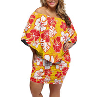 Yellow Hawaii Hibiscus Off Shoulder Short Dress Tropical Flowers Seamless Pattern - Polynesian Pride