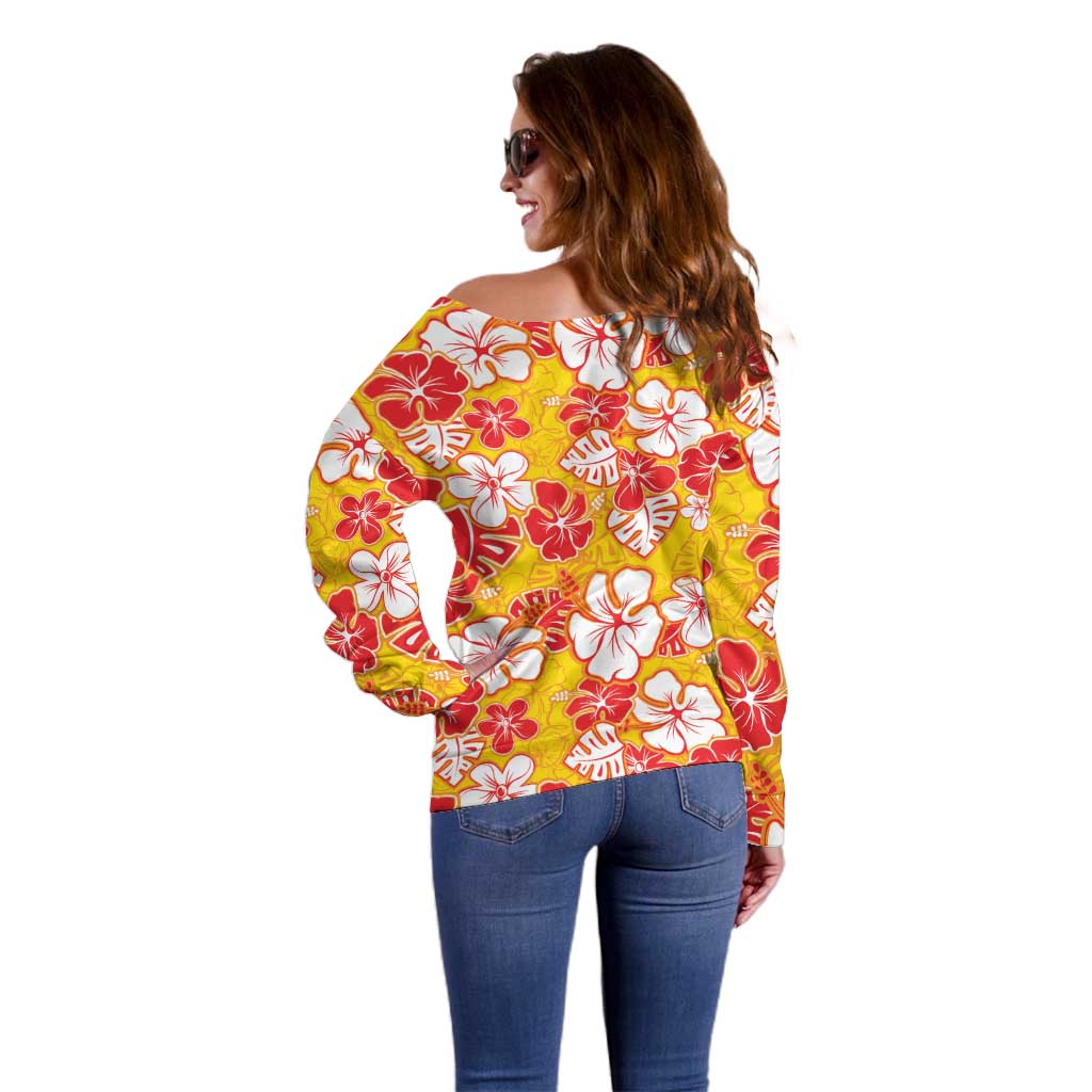 Yellow Hawaii Hibiscus Off Shoulder Sweater Tropical Flowers Seamless Pattern - Polynesian Pride