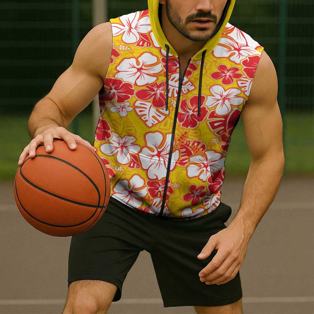 Yellow Hawaii Hibiscus Sleeveless Zip Hoodie Tropical Flowers Seamless Pattern - Polynesian Pride