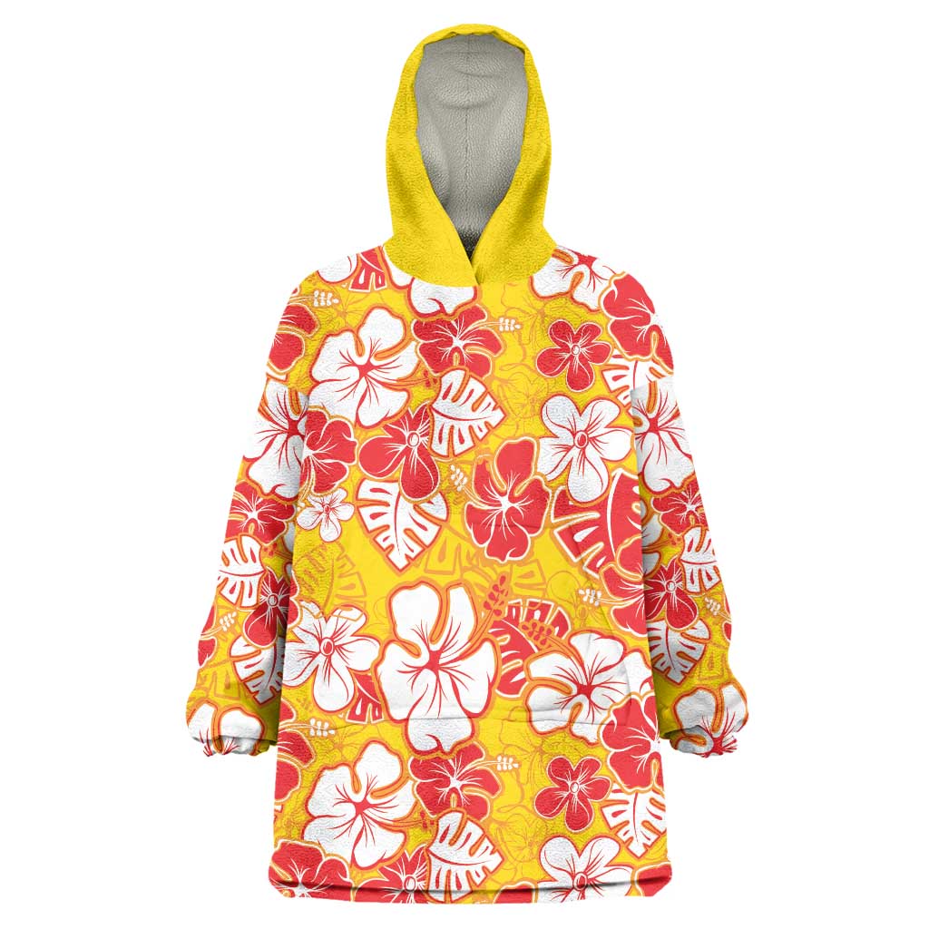 Yellow Hawaii Hibiscus Wearable Blanket Hoodie Tropical Flowers Seamless Pattern - Polynesian Pride