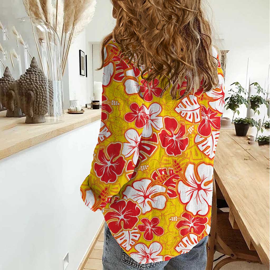 Yellow Hawaii Hibiscus Women Casual Shirt Tropical Flowers Seamless Pattern - Polynesian Pride