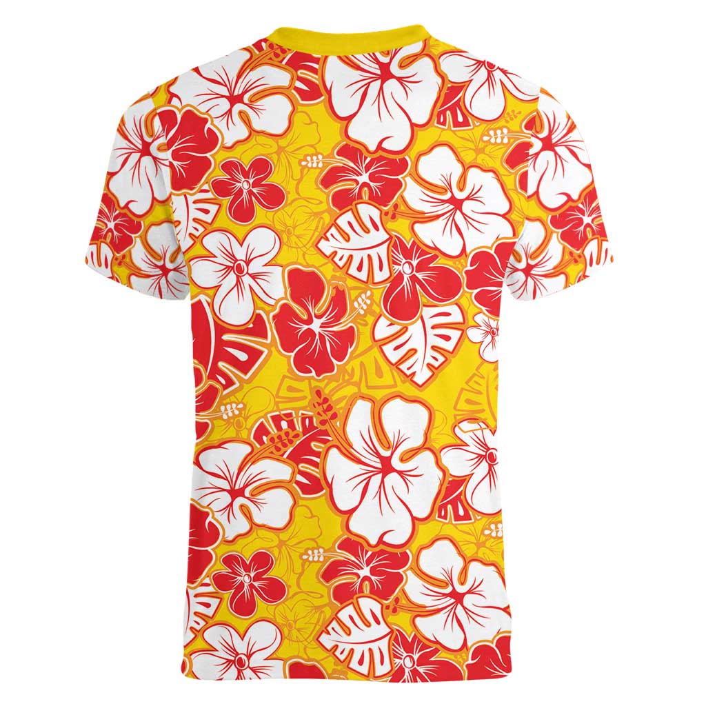 Yellow Hawaii Hibiscus Women V-Neck T-Shirt Tropical Flowers Seamless Pattern - Polynesian Pride