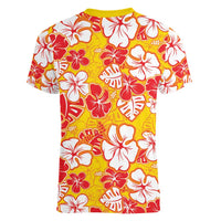 Yellow Hawaii Hibiscus Women V-Neck T-Shirt Tropical Flowers Seamless Pattern - Polynesian Pride